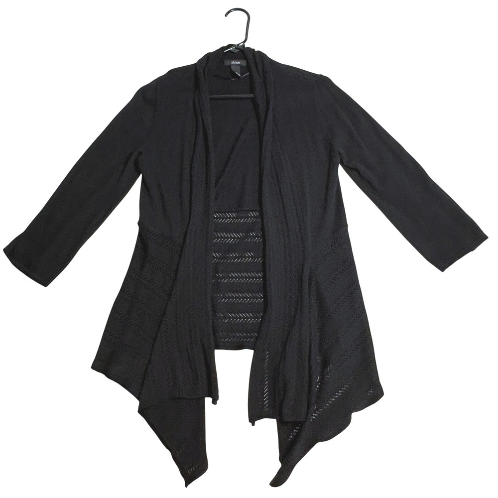 Alfani Cardigan Womens S Black Open Front Crochet Pointelle Waterfall Drape